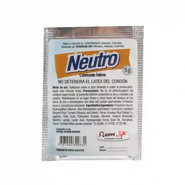 Sachet Lubricante Neutro Flavor Sex 5ml